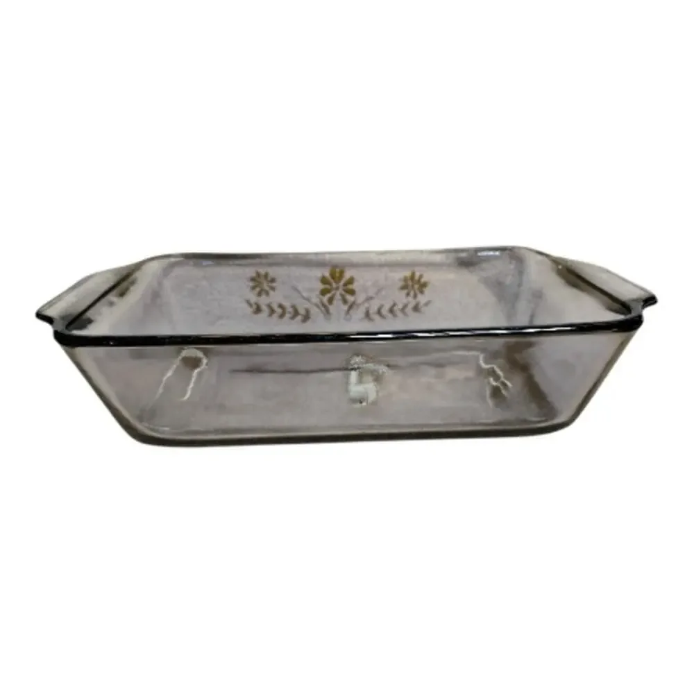 Vntg Amber Glass Yellow Daisies 9x5 Glasbake Jeannette Casserole Baking Dish